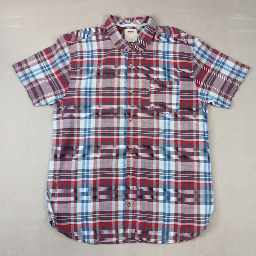 Levis XL Mens Shirt Chambray Short Sleeve 22x28 Plaid Casual‎ Fits A Medium